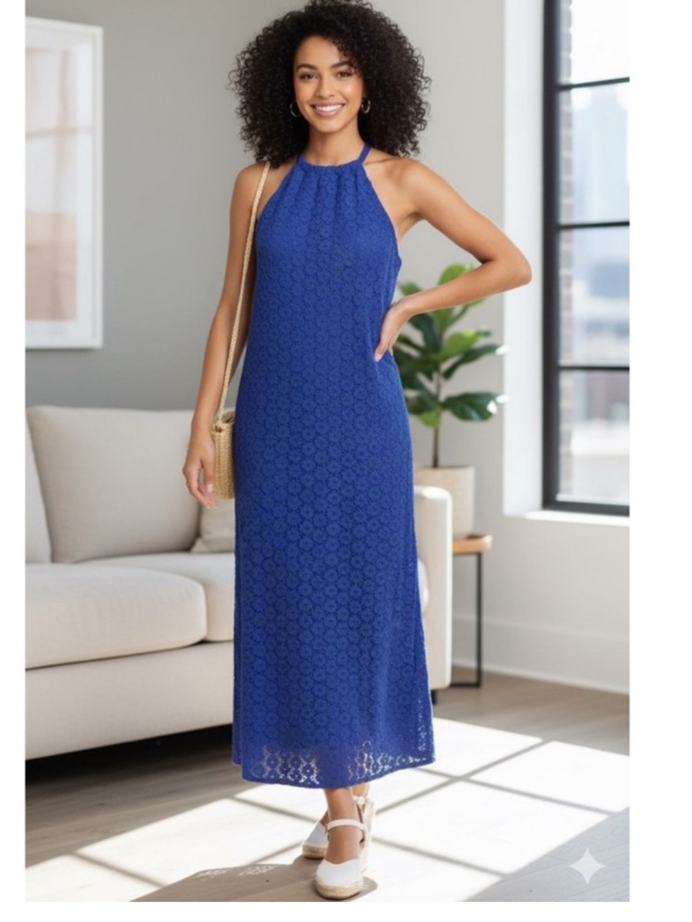 A new day Blue Sleeveless Crochet Maxi / Midi Dress Size Large New